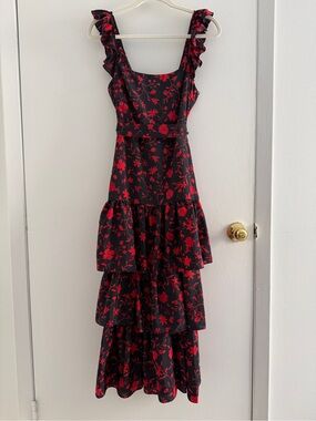 LIKELY Navy and Red Floral Midi Tiered Ruffle Dress Size 0